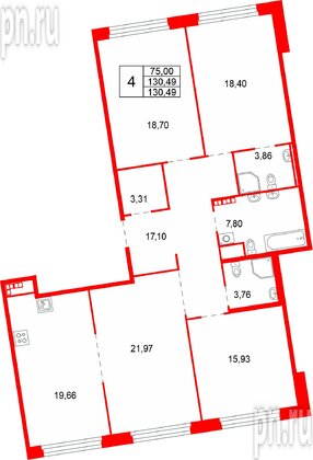 Квартира в ЖК «Акватория», 4 комнатная, 130.49 м², 7 этаж