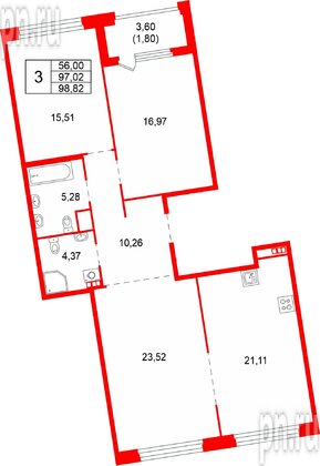 Квартира в ЖК «Акватория», 3 комнатная, 98.82 м², 5 этаж