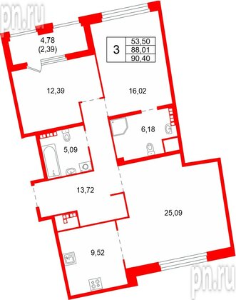Квартира в ЖК «Акватория», 3 комнатная, 90.4 м², 7 этаж
