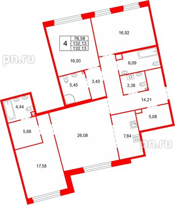 Квартира в ЖК «Акватория», 4 комнатная, 132.13 м², 3 этаж
