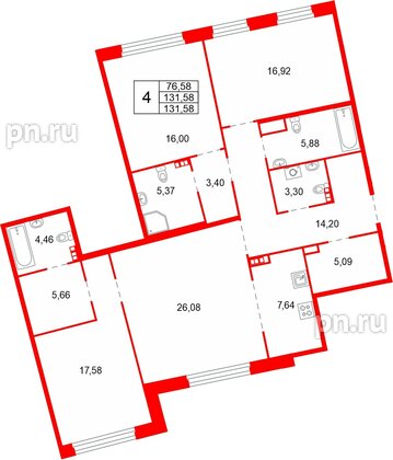 Квартира в ЖК «Акватория», 4 комнатная, 131.58 м², 5 этаж