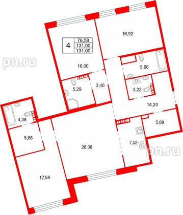 Квартира в ЖК «Акватория», 4 комнатная, 131 м², 7 этаж