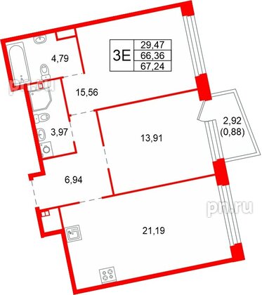 Квартира в ЖК Акватория, 2 комнатная, 67.24 м², 3 этаж