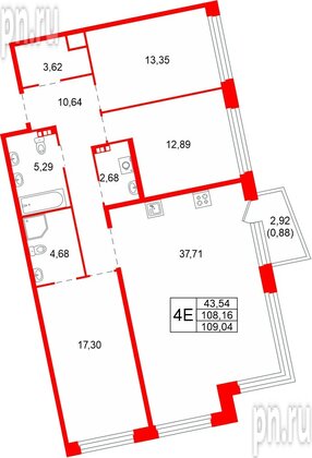 Квартира в ЖК «Акватория», 3 комнатная, 109.04 м², 5 этаж