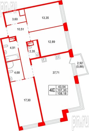 Квартира в ЖК «Акватория», 3 комнатная, 108.18 м², 7 этаж