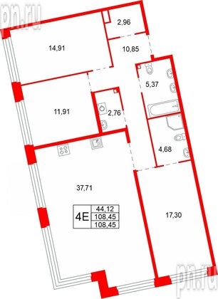 Квартира в ЖК «Акватория», 3 комнатная, 108.45 м², 3 этаж
