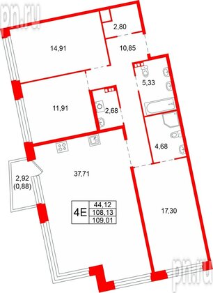 Квартира в ЖК «Акватория», 3 комнатная, 109.01 м², 5 этаж