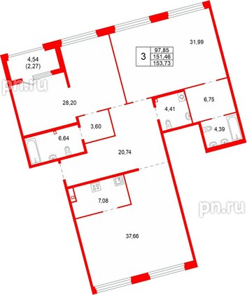Квартира в ЖК «Акватория», 3 комнатная, 153.73 м², 3 этаж