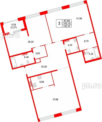 Квартира в ЖК «Акватория», 3 комнатная, 152.37 м², 7 этаж