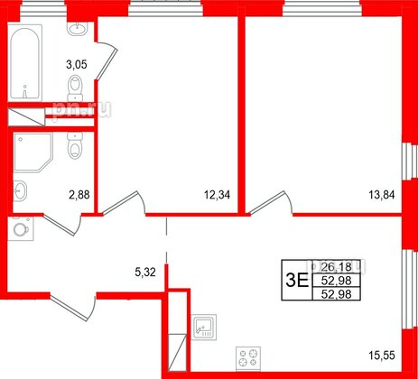 Квартира в ЖК «ОКЛА», 2 комнатная, 52.98 м², 1 этаж