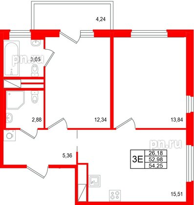 Квартира в ЖК «ОКЛА», 2 комнатная, 54.25 м², 3 этаж