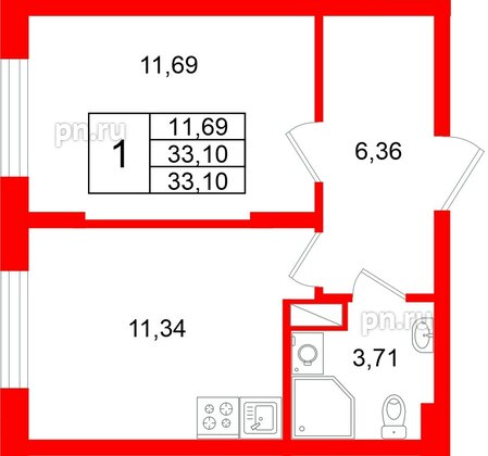 Квартира в ЖК «Аннино Сити», 1 комнатная, 33.1 м², 4 этаж
