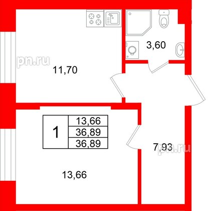 Квартира в ЖК «Аннино Сити», 1 комнатная, 36.89 м², 1 этаж