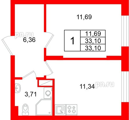 Квартира в ЖК «Аннино Сити», 1 комнатная, 33.1 м², 4 этаж