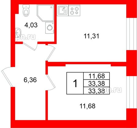 Квартира в ЖК «Аннино Сити», 1 комнатная, 33.38 м², 1 этаж