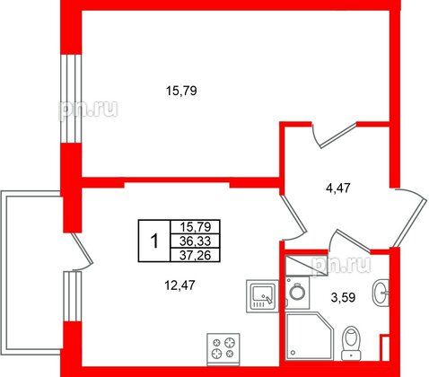 Квартира в ЖК «Аннино Сити», 1 комнатная, 37.26 м², 4 этаж