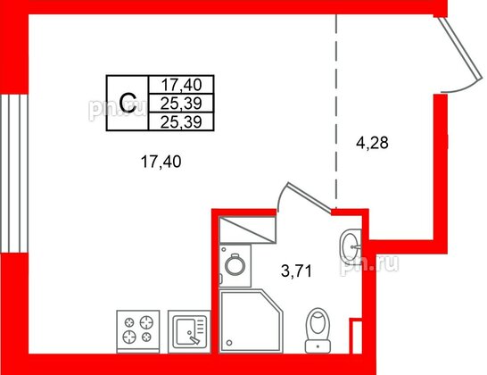 Квартира в ЖК «Аннино Сити», студия, 25.39 м², 3 этаж