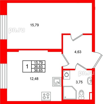 Квартира в ЖК «Аннино Сити», 1 комнатная, 36.65 м², 1 этаж