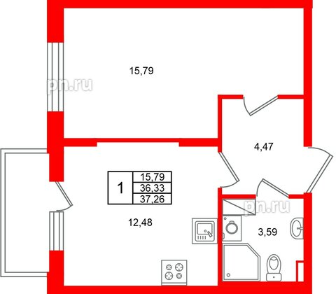 Квартира в ЖК «Аннино Сити», 1 комнатная, 37.26 м², 3 этаж