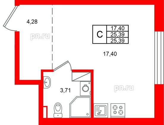 Квартира в ЖК «Аннино Сити», студия, 25.39 м², 3 этаж