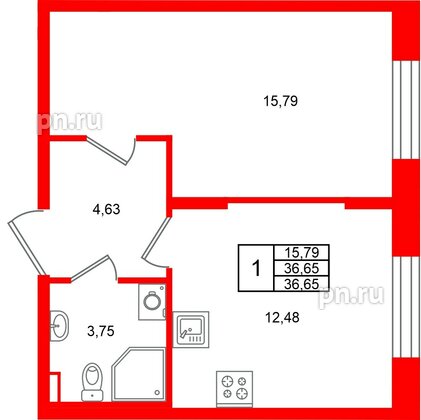 Квартира в ЖК «Аннино Сити», 1 комнатная, 36.65 м², 1 этаж