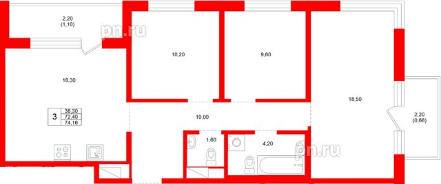 Квартира в ЖК «Плюс Пулковский», 3 комнатная, 74.16 м², 2 этаж