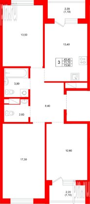 Квартира в ЖК «Плюс Пулковский», 3 комнатная, 73.9 м², 4 этаж