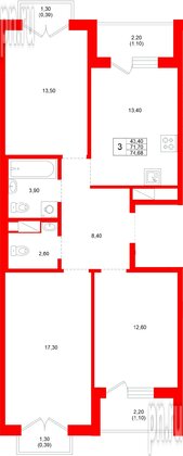 Квартира в ЖК «Плюс Пулковский», 3 комнатная, 74.68 м², 5 этаж