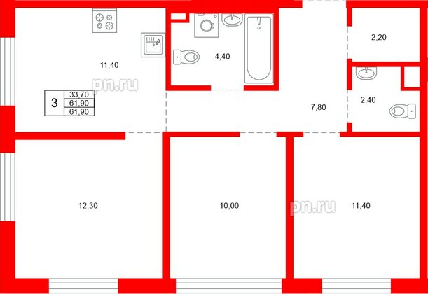 Квартира в ЖК «Плюс Пулковский», 3 комнатная, 61.9 м², 1 этаж