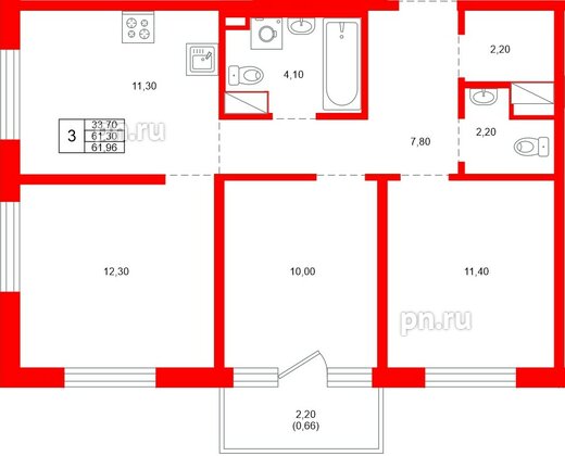 Квартира в ЖК «Плюс Пулковский», 3 комнатная, 61.96 м², 2 этаж