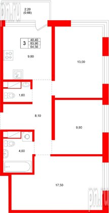 Квартира в ЖК «Плюс Пулковский», 3 комнатная, 64.56 м², 4 этаж
