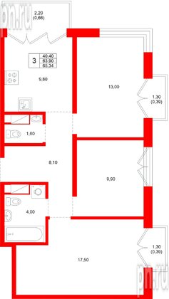 Квартира в ЖК «Плюс Пулковский», 3 комнатная, 65.34 м², 5 этаж