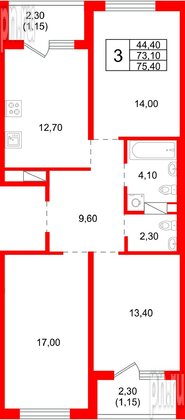Квартира в ЖК «Плюс Пулковский», 3 комнатная, 75.4 м², 2 этаж