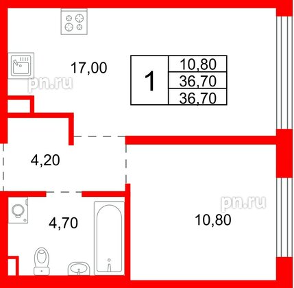 Квартира в ЖК «Плюс Пулковский», 1 комнатная, 36.7 м², 1 этаж