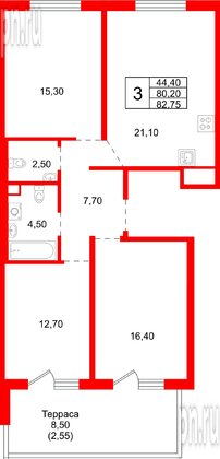 Квартира в ЖК «Плюс Пулковский», 3 комнатная, 82.75 м², 1 этаж