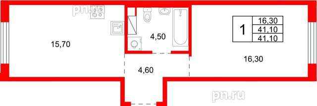 Квартира в ЖК «Плюс Пулковский», 1 комнатная, 41.1 м², 4 этаж