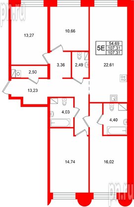 Квартира в ЖК «Остров Первых», 4 комнатная, 107.31 м², 4 этаж