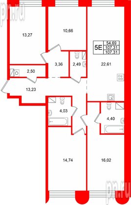 Квартира в ЖК «Остров Первых», 4 комнатная, 107.31 м², 9 этаж