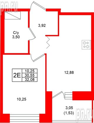 Квартира в ЖК Квартал Уютный, 1 комнатная, 32.08 м², 5 этаж