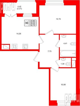 Квартира в ЖК Новатория, 2 комнатная, 52.73 м², 1 этаж