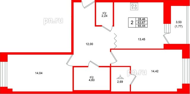 Квартира в ЖК «Квартал Уютный», 2 комнатная, 65.44 м², 2 этаж