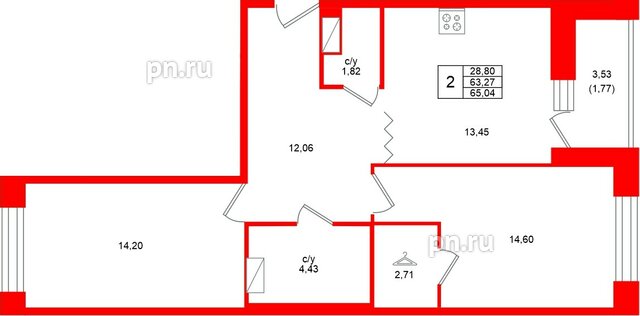 Квартира в ЖК Квартал Уютный, 2 комнатная, 65.04 м², 6 этаж
