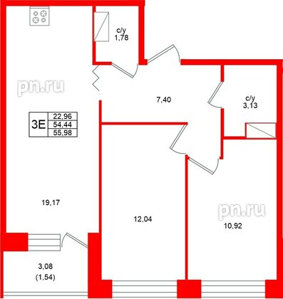 Квартира в ЖК Квартал Уютный, 2 комнатная, 55.98 м², 3 этаж