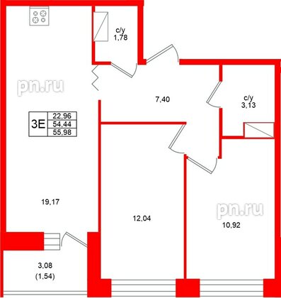 Квартира в ЖК Квартал Уютный, 2 комнатная, 55.98 м², 6 этаж