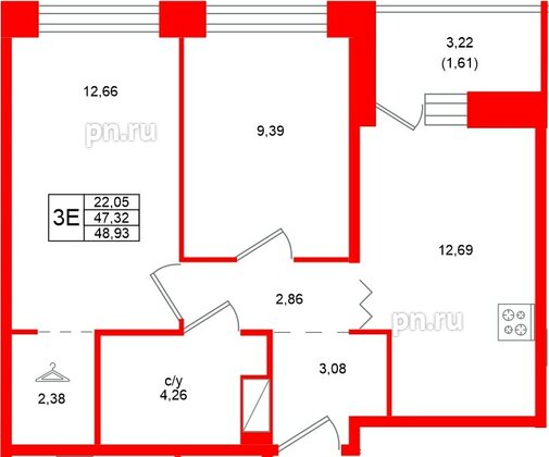 Квартира в ЖК Квартал Уютный, 2 комнатная, 48.93 м², 4 этаж