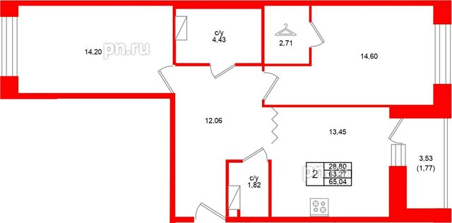 Квартира в ЖК «Квартал Уютный», 2 комнатная, 65.04 м², 7 этаж