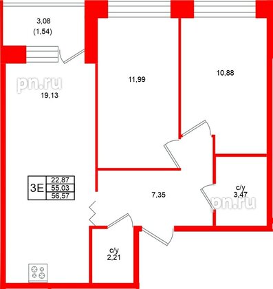Квартира в ЖК «Квартал Уютный», 2 комнатная, 56.57 м², 2 этаж