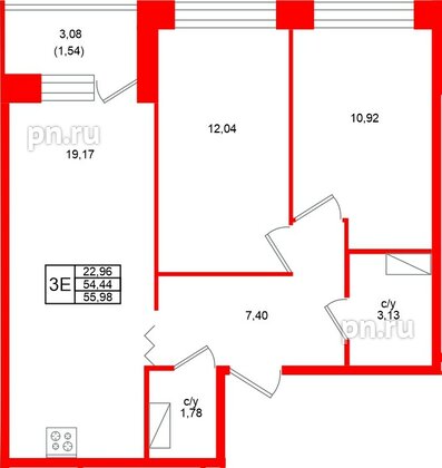 Квартира в ЖК «Квартал Уютный», 2 комнатная, 55.98 м², 3 этаж