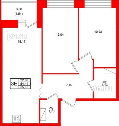 Квартира в ЖК «Квартал Уютный», 2 комнатная, 55.98 м², 8 этаж