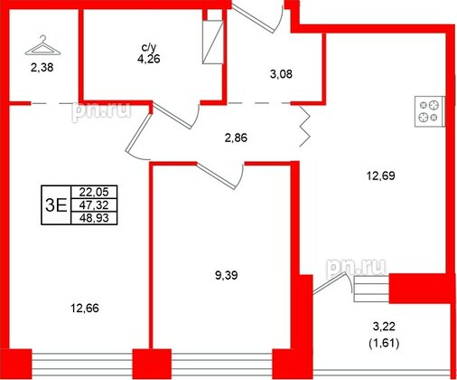 Квартира в ЖК «Квартал Уютный», 2 комнатная, 48.93 м², 6 этаж
